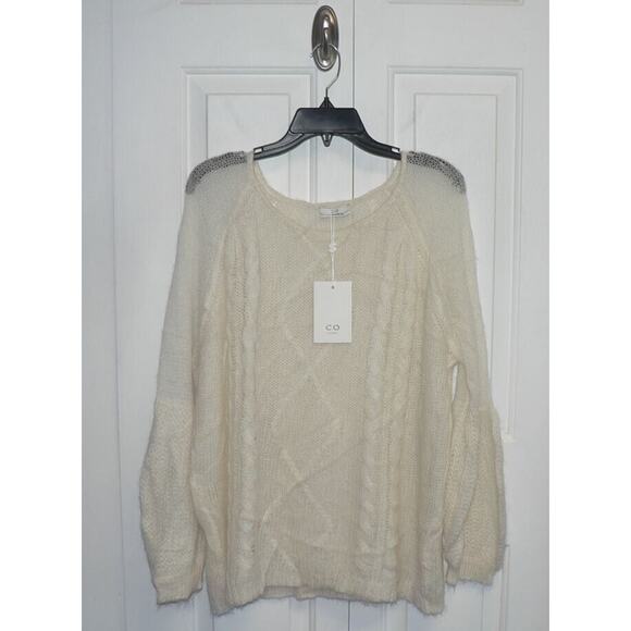 CO Women's Loose Weave Cable Knit Mohair Alpaca Oversized Sweater Ivory MD $695 - Picture 2 of 6